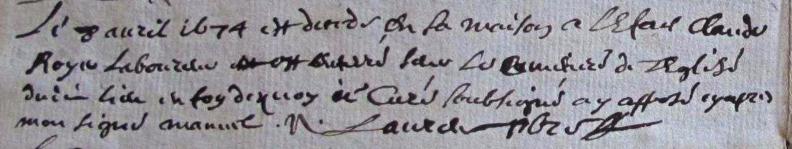 acte décès de Claude Royer, en 1674